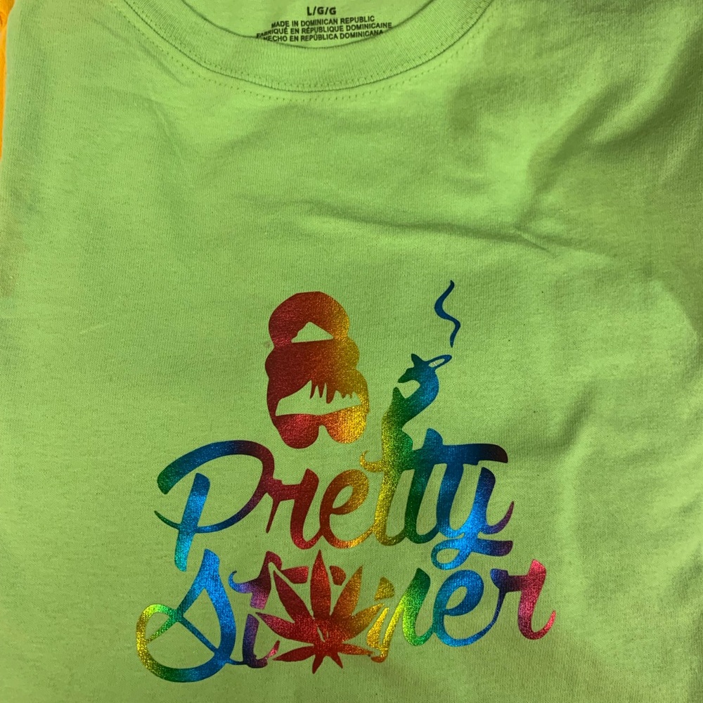 Green tee with rainbow vinyl holographic print